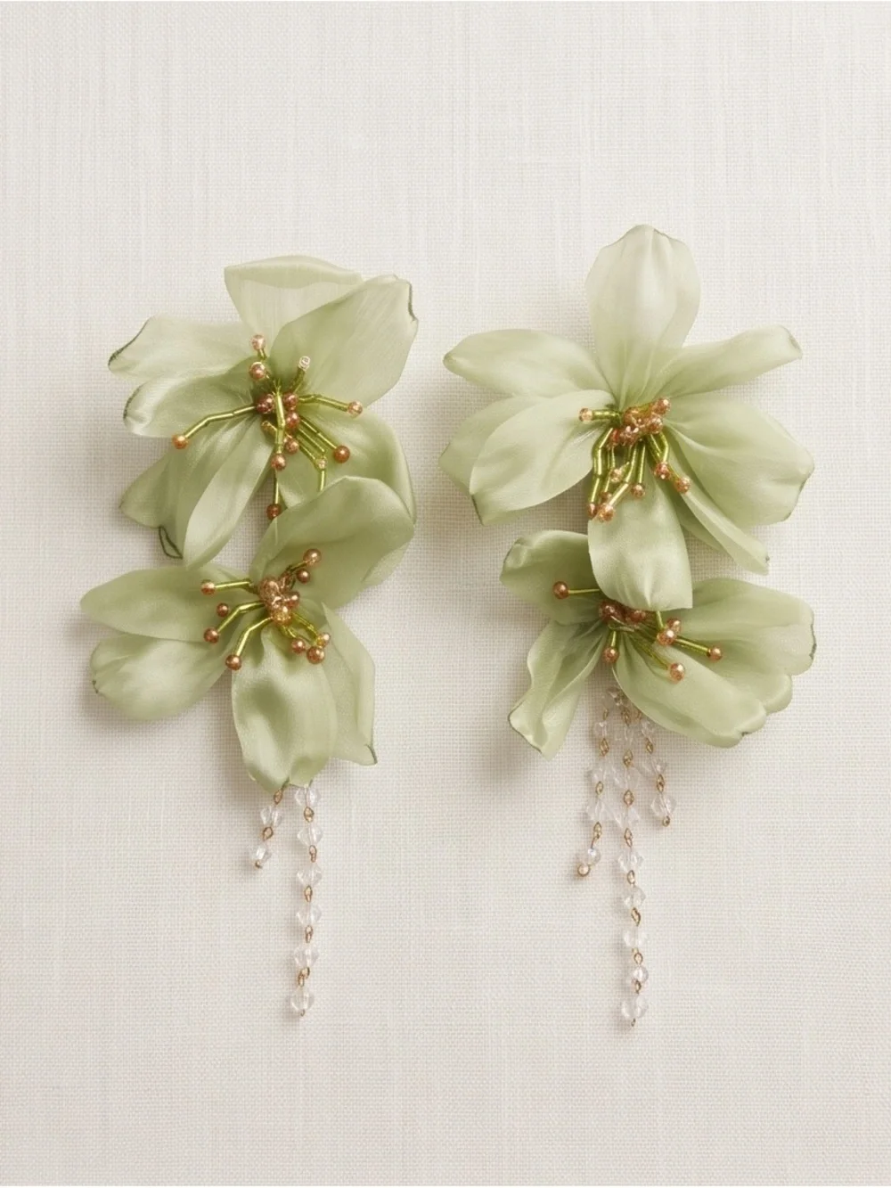 Sage Floral Drop Earrings with Gold Bead Accents